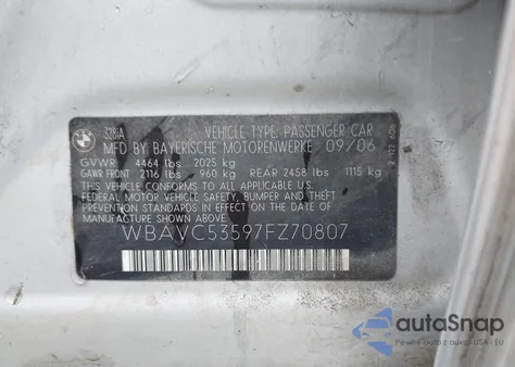 2007 BMW 328I z USA, uszkodzony, nr VIN WBAVC53597FZ70807